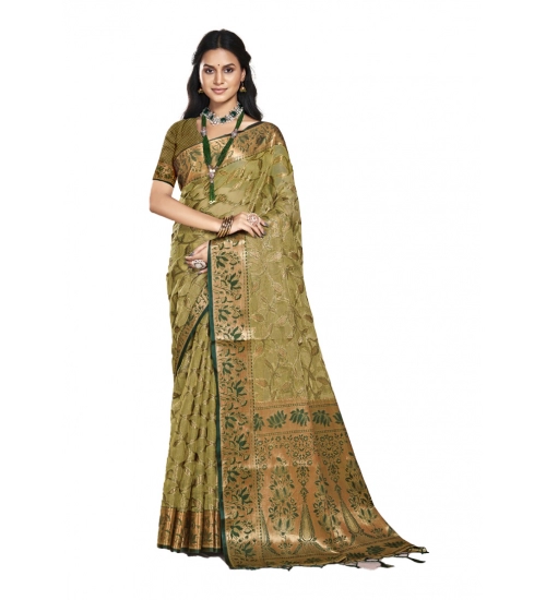 Generic Women's Organza Woven Design Saree With Unstitched Blouse 5.5Mtr (Olive-green)