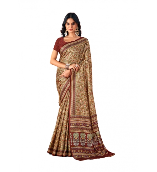 Generic Women's Polyester Printed Saree With Unstitched Blouse 5.5Mtr (Brown)