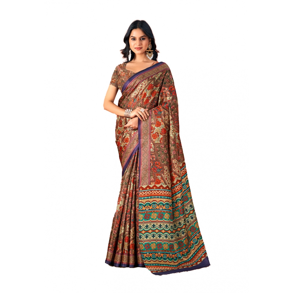 Generic Women's Polyester Printed Saree With Unstitched Blouse 5.5Mtr (Multicolor)