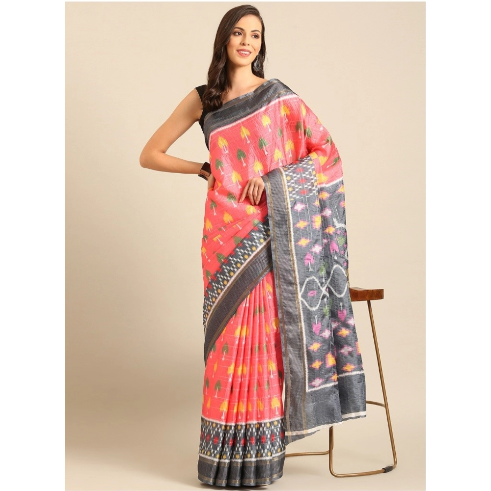 Generic Women's Cotton Printed Saree With Unstitched Blouse 5.5Mtr (Pink-Grey)