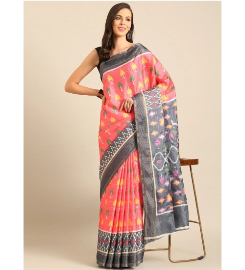 Generic Women's Cotton Printed Saree With Unstitched Blouse 5.5Mtr (Pink-Grey)