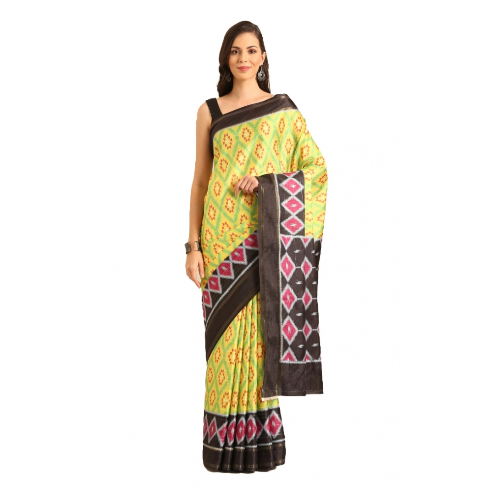 Generic Women's Cotton Printed Saree With Unstitched Blouse 5.5Mtr (Yellow)