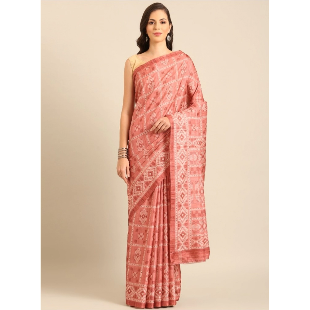 Generic Women's Cotton Printed Saree With Unstitched Blouse 5.5Mtr (Peach)