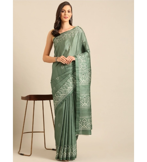 Generic Women's Cotton Printed Saree With Unstitched Blouse 5.5Mtr (Green)
