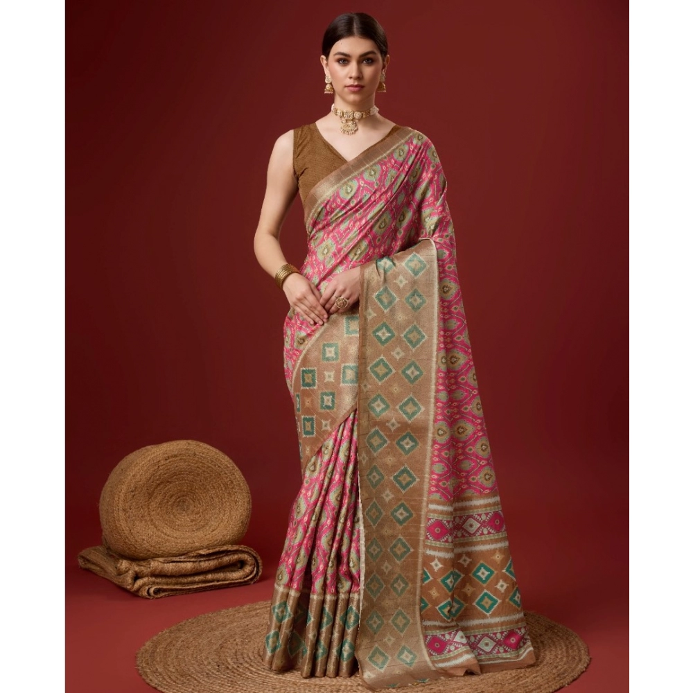 Generic Women's Cotton Printed Saree With Unstitched Blouse 5.5Mtr (Pink)