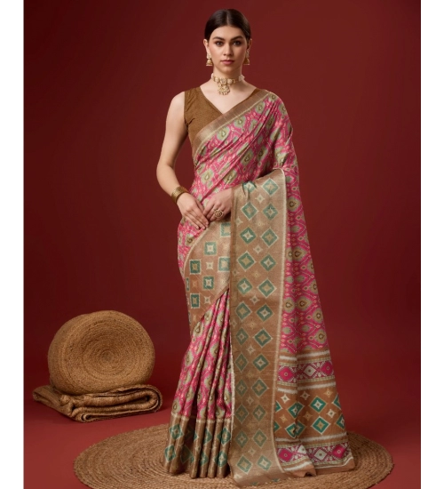 Generic Women's Cotton Printed Saree With Unstitched Blouse 5.5Mtr (Pink)