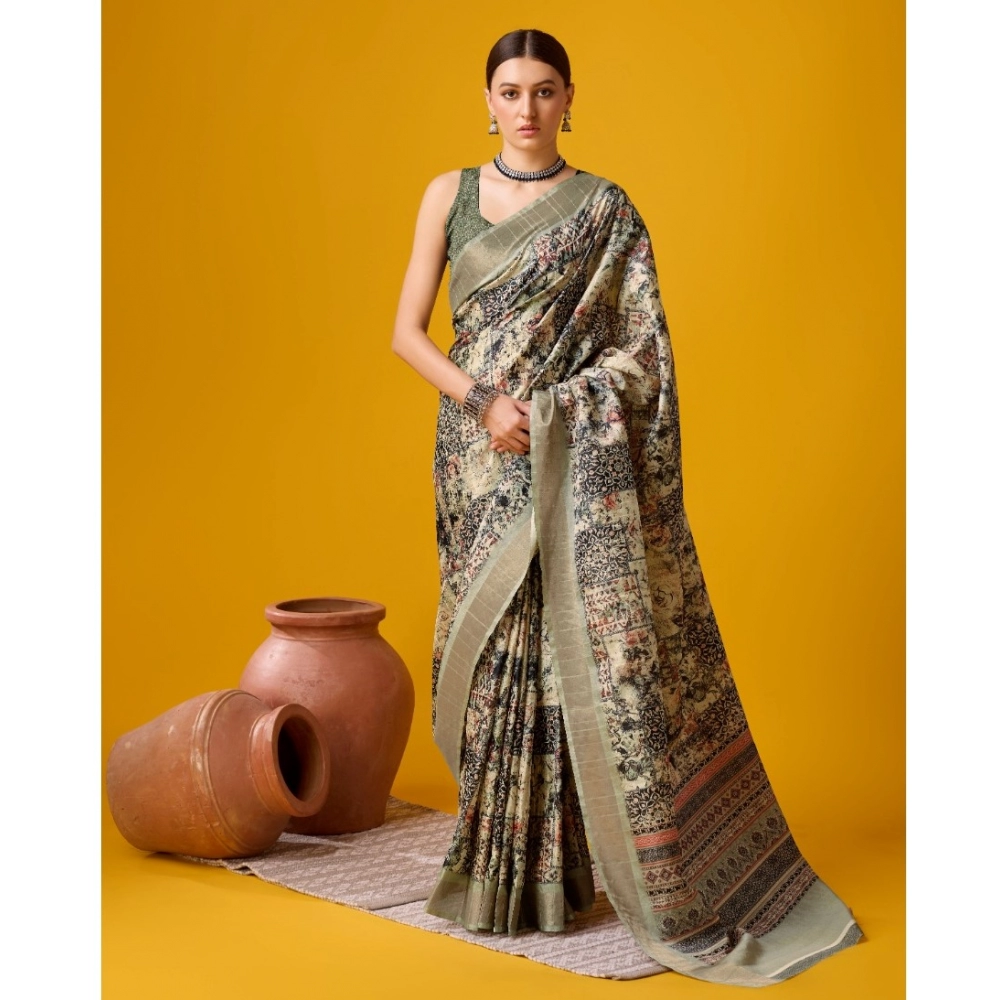 Generic Women's Cotton Printed Saree With Unstitched Blouse 5.5Mtr (Beige-Grey)