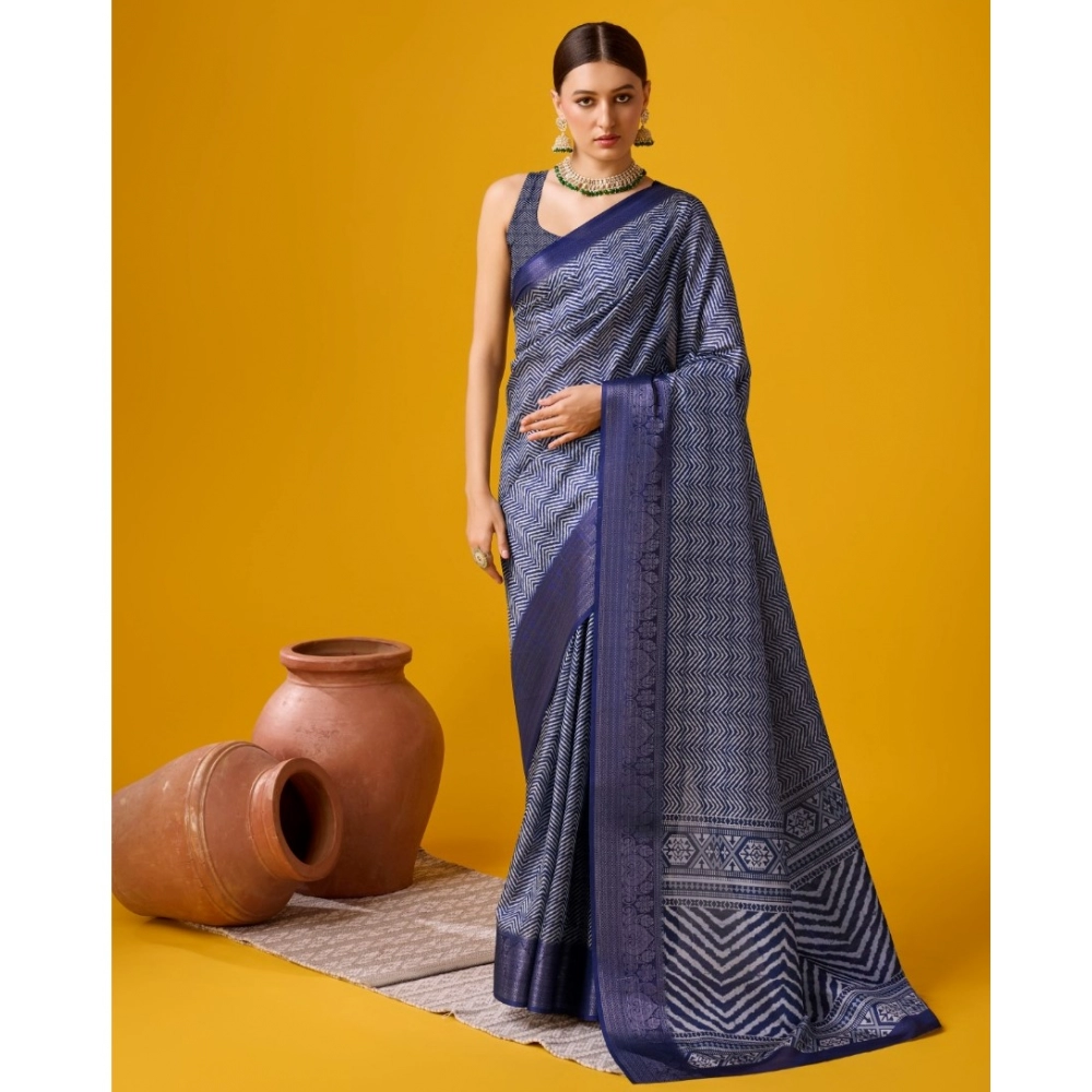 Generic Women's Cotton Printed Saree With Unstitched Blouse 5.5Mtr (Blue)