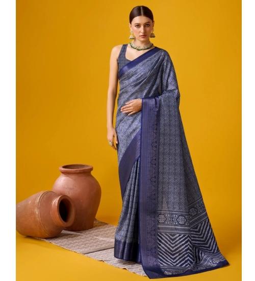 Generic Women's Cotton Printed Saree With Unstitched Blouse 5.5Mtr (Blue)