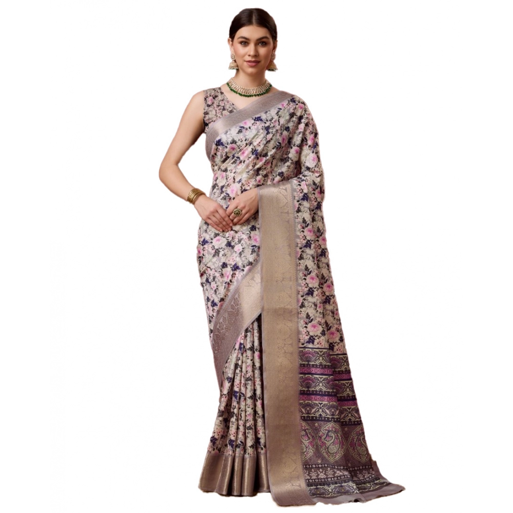 Generic Women's Cotton Printed Saree With Unstitched Blouse 5.5Mtr (Cream)