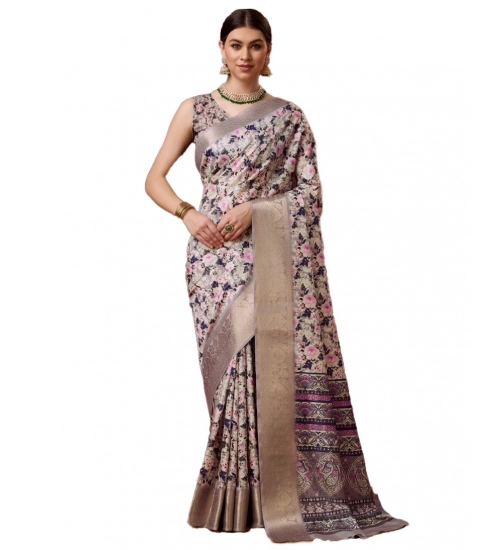 Generic Women's Cotton Printed Saree With Unstitched Blouse 5.5Mtr (Cream)