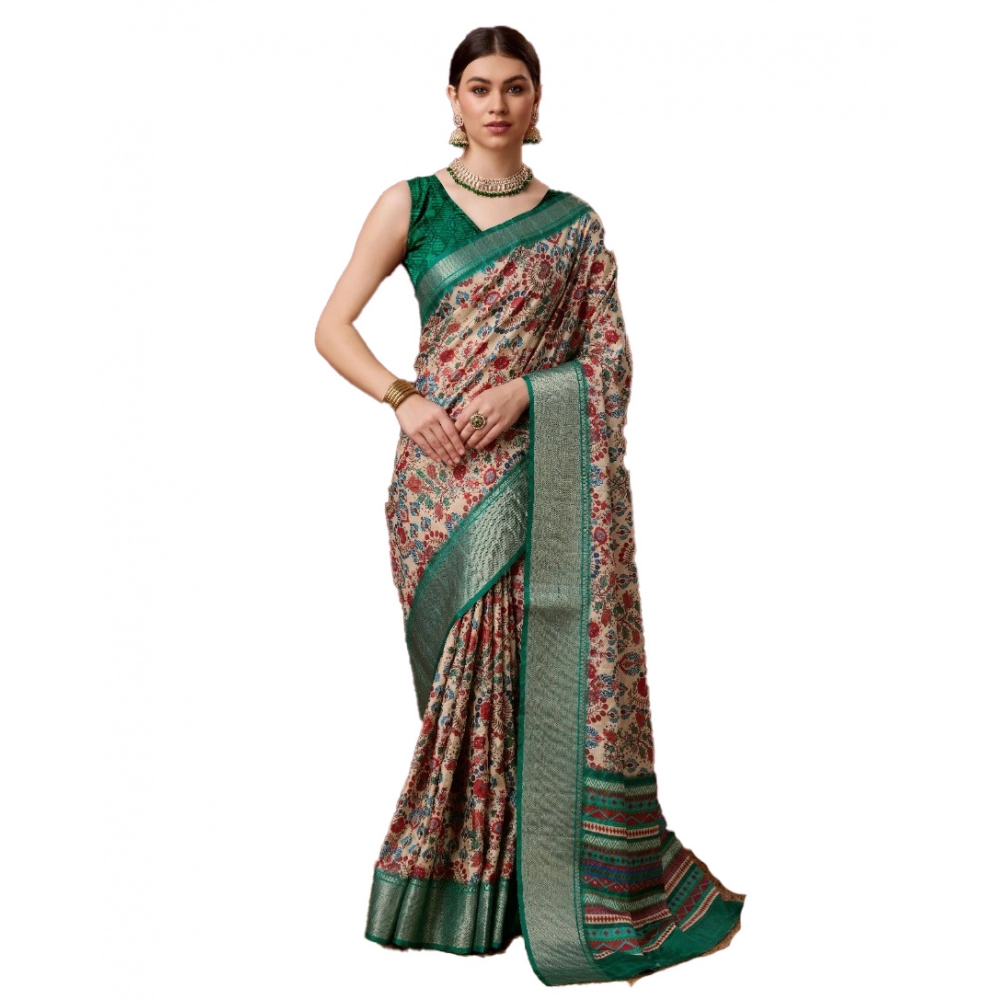 Generic Women's Cotton Printed Saree With Unstitched Blouse 5.5Mtr (Green)