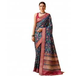 Generic Women's Cotton Printed Saree With Unstitched Blouse 5.5Mtr (Red-NavyBlue)