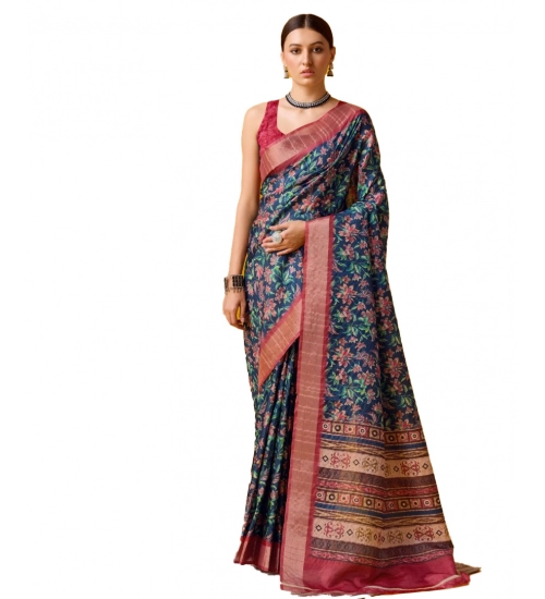 Generic Women's Cotton Printed Saree With Unstitched Blouse 5.5Mtr (Red-NavyBlue)