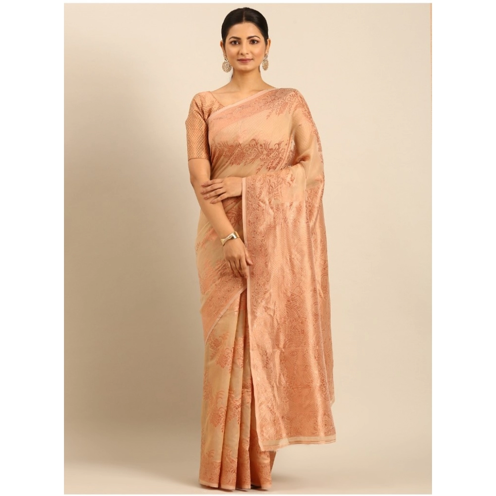 Generic Women's Cotton Woven Design Saree With Unstitched Blouse 5.5Mtr (Beige)