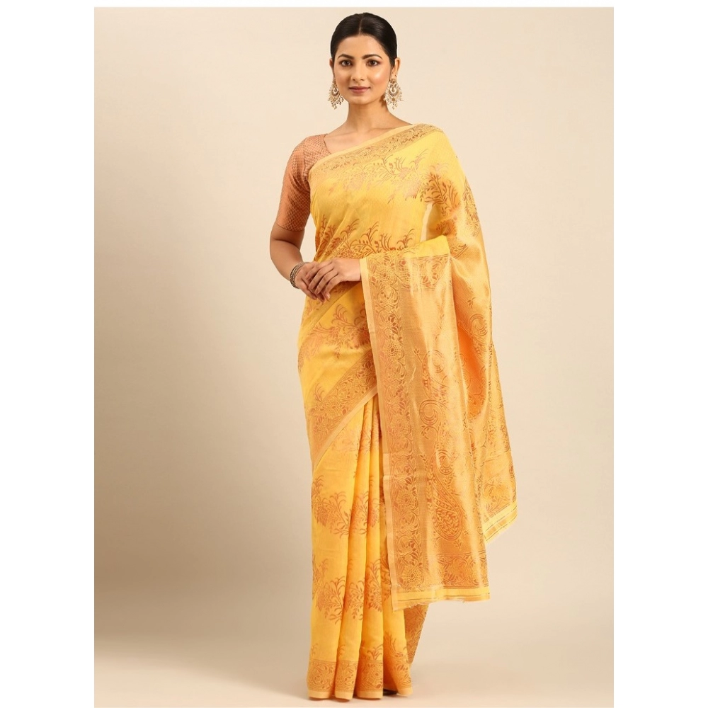 Generic Women's Cotton Woven Design Saree With Unstitched Blouse 5.5Mtr (Yellow)
