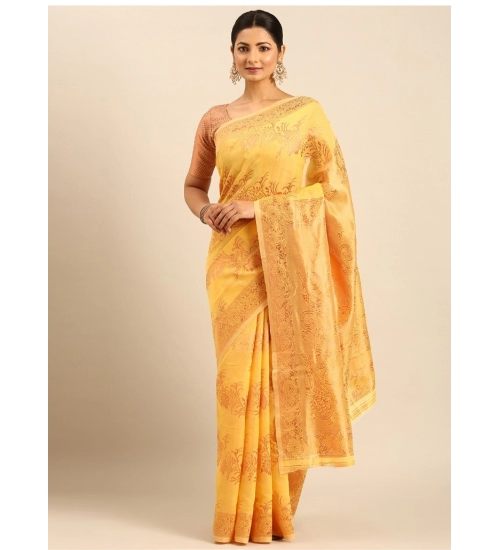 Generic Women's Cotton Woven Design Saree With Unstitched Blouse 5.5Mtr (Yellow)