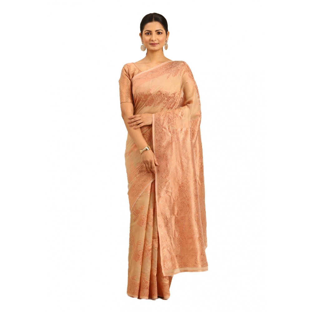 Generic Women's Cotton Woven Design Saree With Unstitched Blouse 5.5Mtr (Beige)
