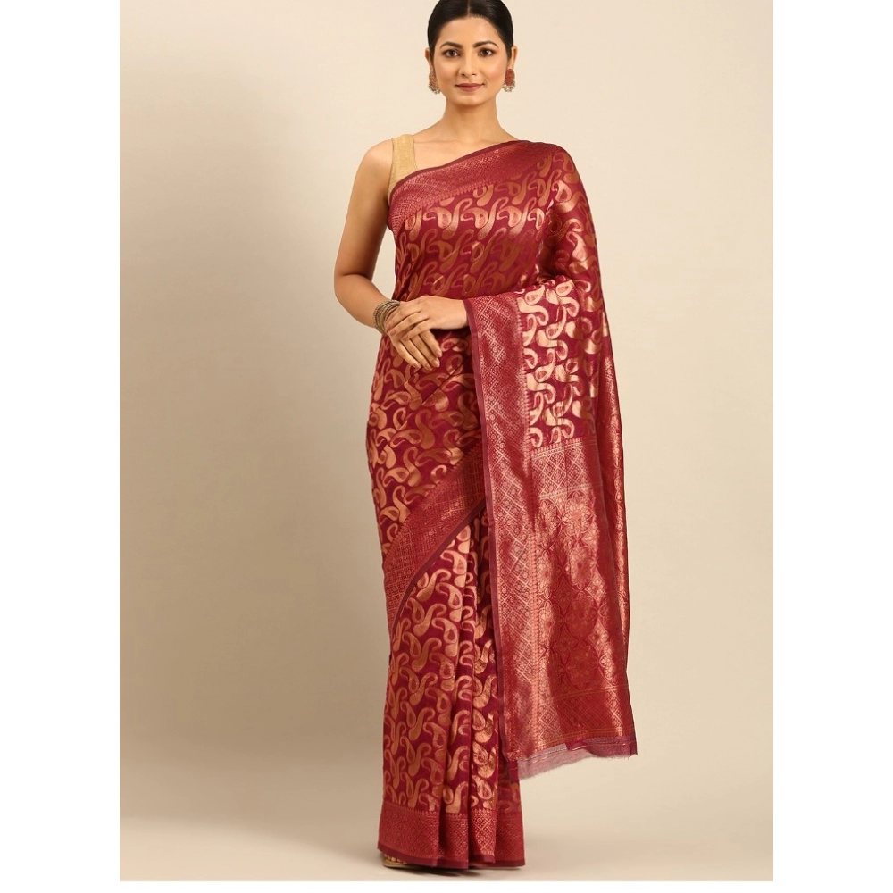 Generic Women's Cotton Woven Design Saree With Unstitched Blouse 5.5Mtr (Pink)