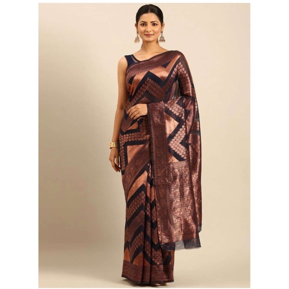 Generic Women's Cotton Woven Design Saree With Unstitched Blouse 5.5Mtr (Navy-Blue)