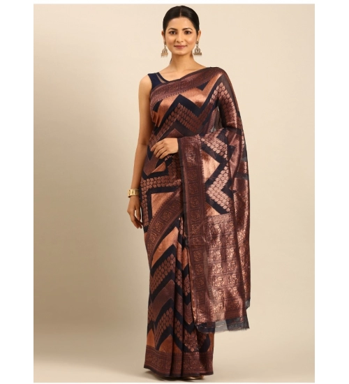 Generic Women's Cotton Woven Design Saree With Unstitched Blouse 5.5Mtr (Navy-Blue)