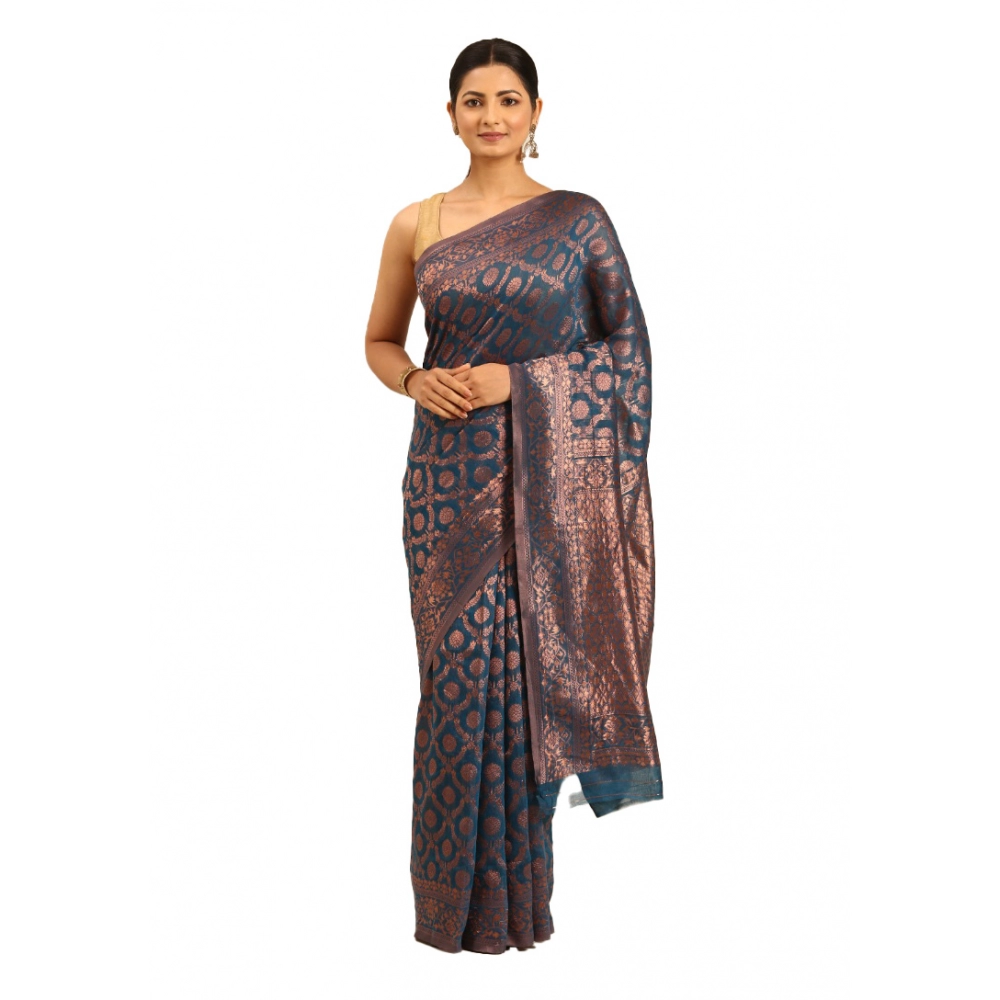Generic Women's Cotton Woven Design Saree With Unstitched Blouse 5.5Mtr (Light-Blue)