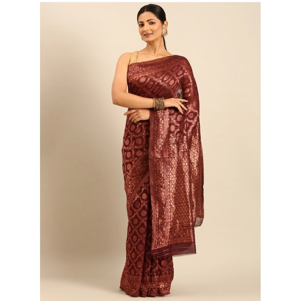 Generic Women's Cotton Woven Design Saree With Unstitched Blouse 5.5Mtr (Wine)