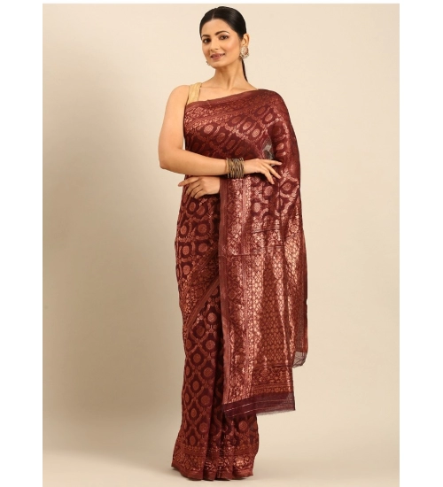 Generic Women's Cotton Woven Design Saree With Unstitched Blouse 5.5Mtr (Wine)