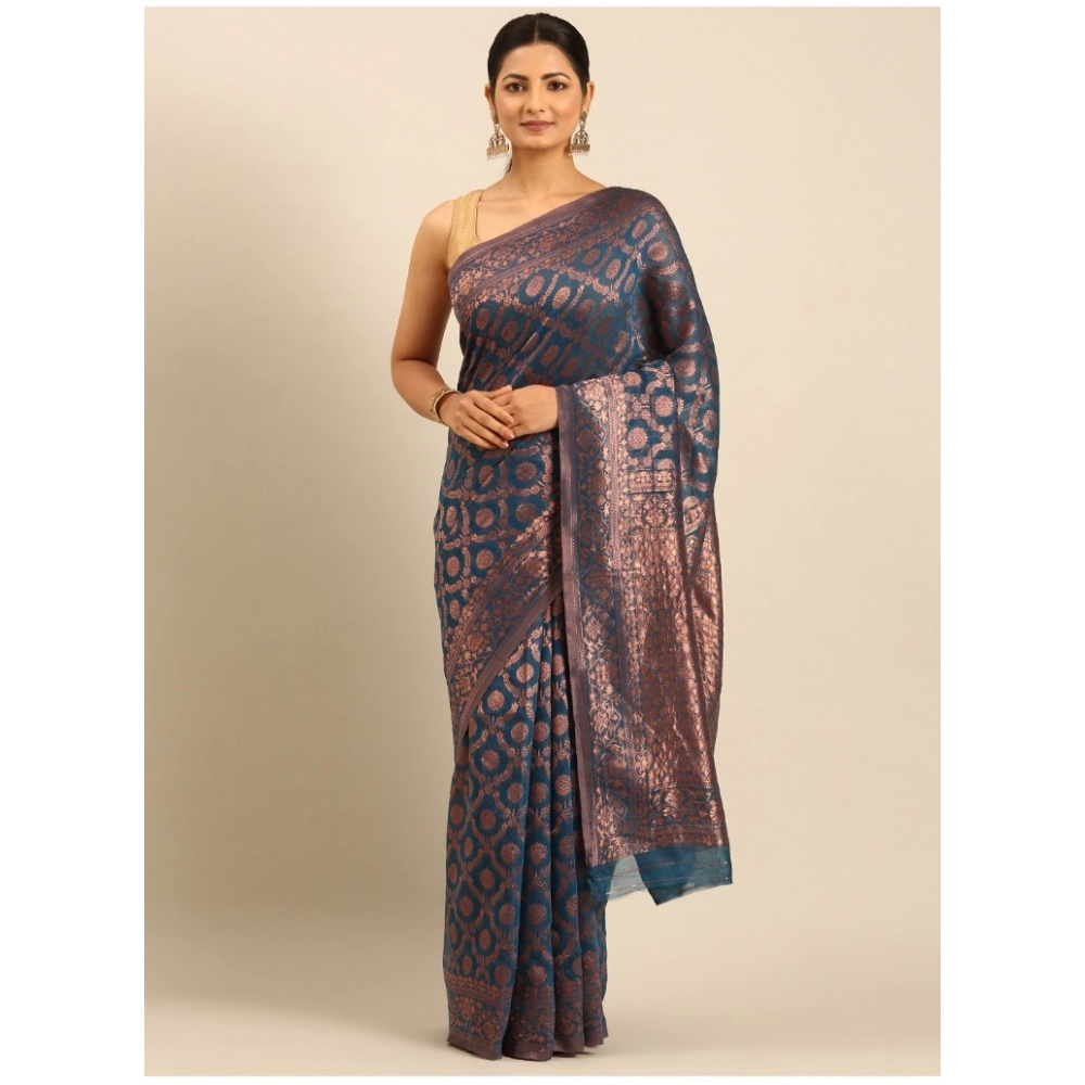 Generic Women's Cotton Woven Design Saree With Unstitched Blouse 5.5Mtr (Light-Blue)