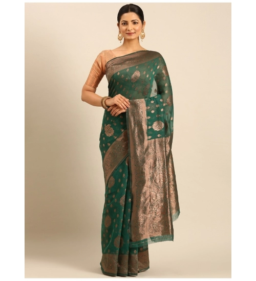 Generic Women's Cotton Woven Design Saree With Unstitched Blouse 5.5Mtr (Green)