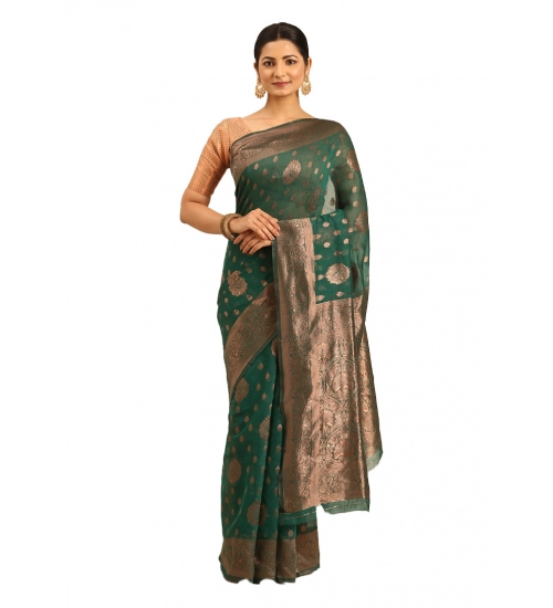 Generic Women's Cotton Woven Design Saree With Unstitched Blouse 5.5Mtr (Green)