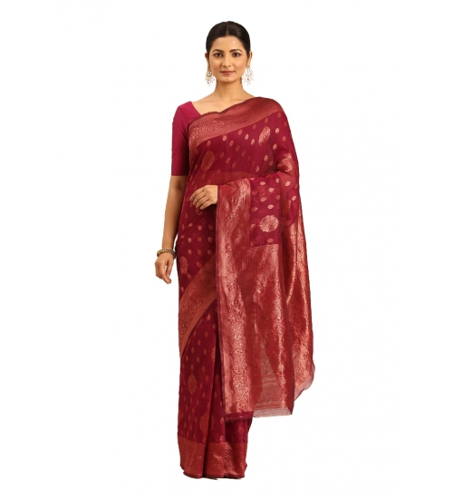 Generic Women's Cotton Woven Design Saree With Unstitched Blouse 5.5Mtr (Pink)