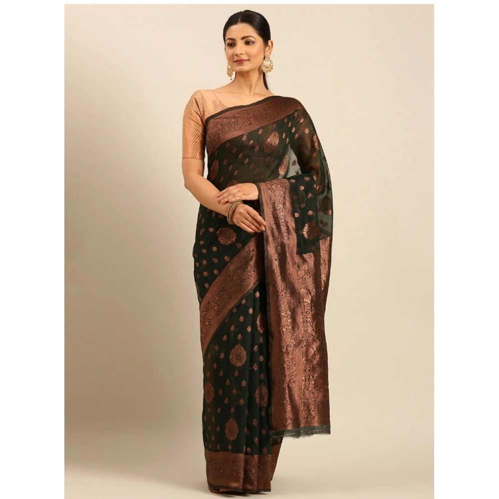 Generic Women's Cotton Woven Design Saree With Unstitched Blouse 5.5Mtr (Green)