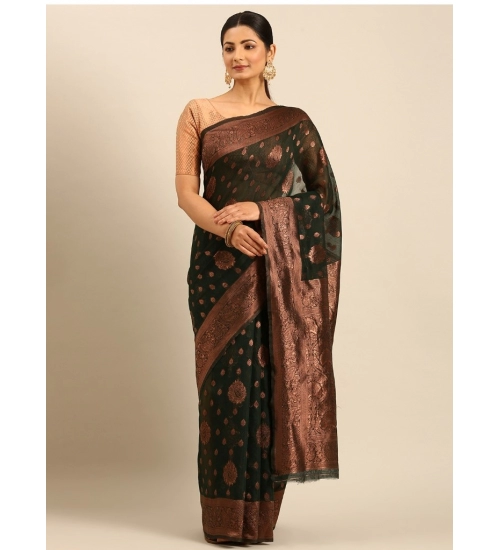 Generic Women's Cotton Woven Design Saree With Unstitched Blouse 5.5Mtr (Green)