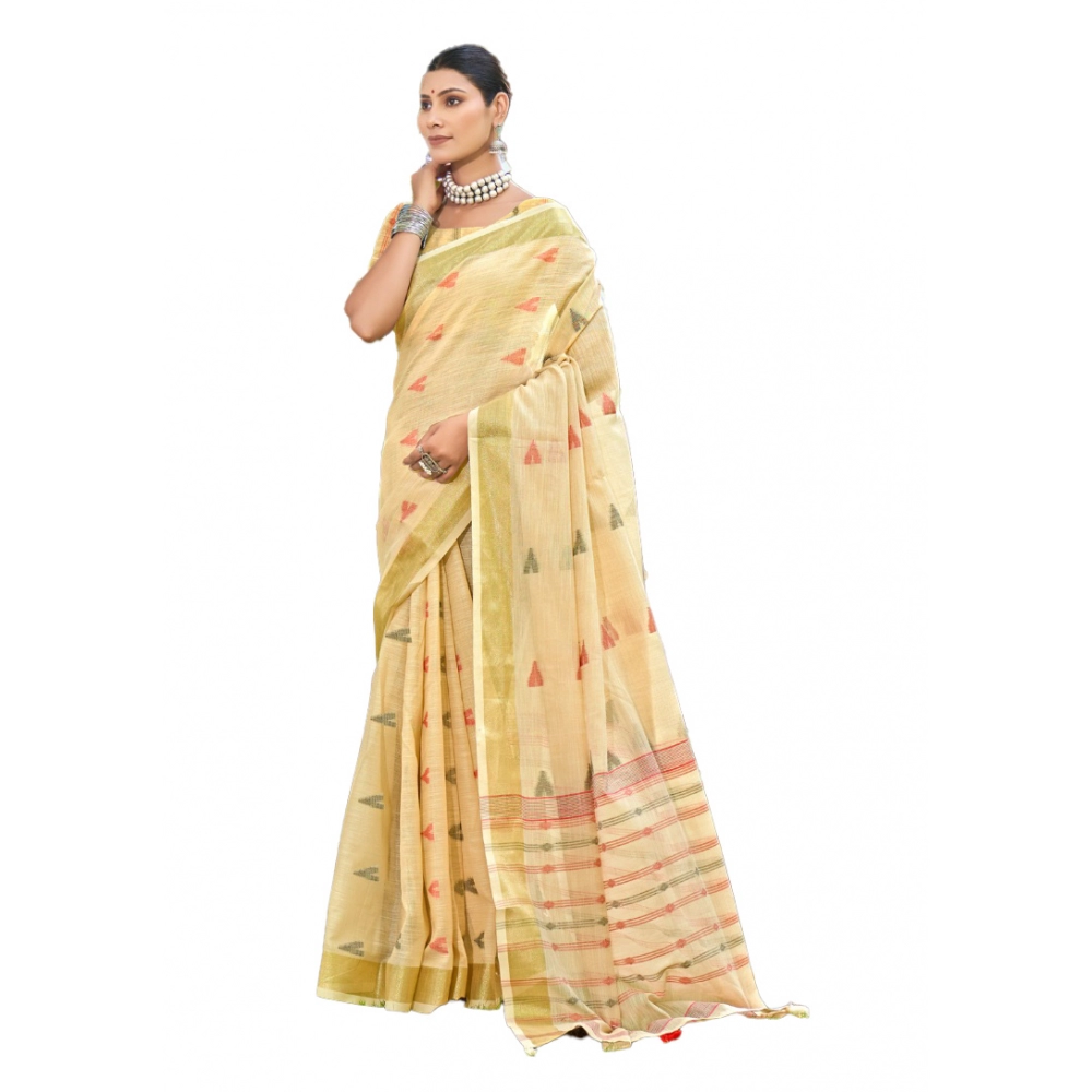 Generic Women's Cotton Printed Saree With Unstitched Blouse 5.5Mtr (Gold)