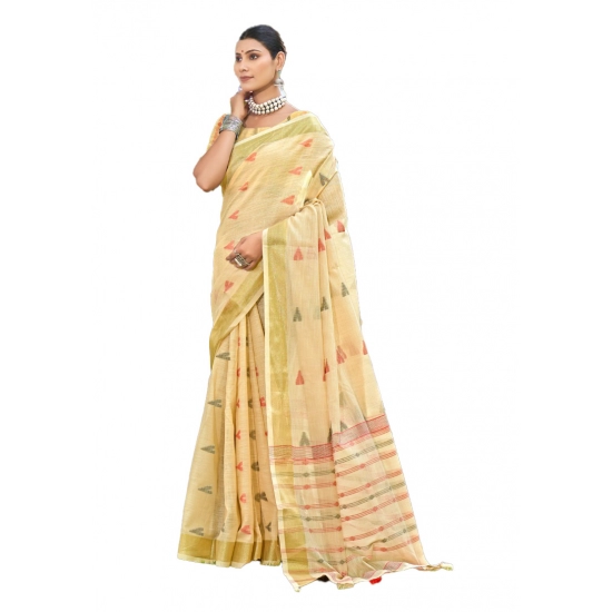 Generic Women's Cotton Printed Saree With Unstitched Blouse 5.5Mtr (Gold)