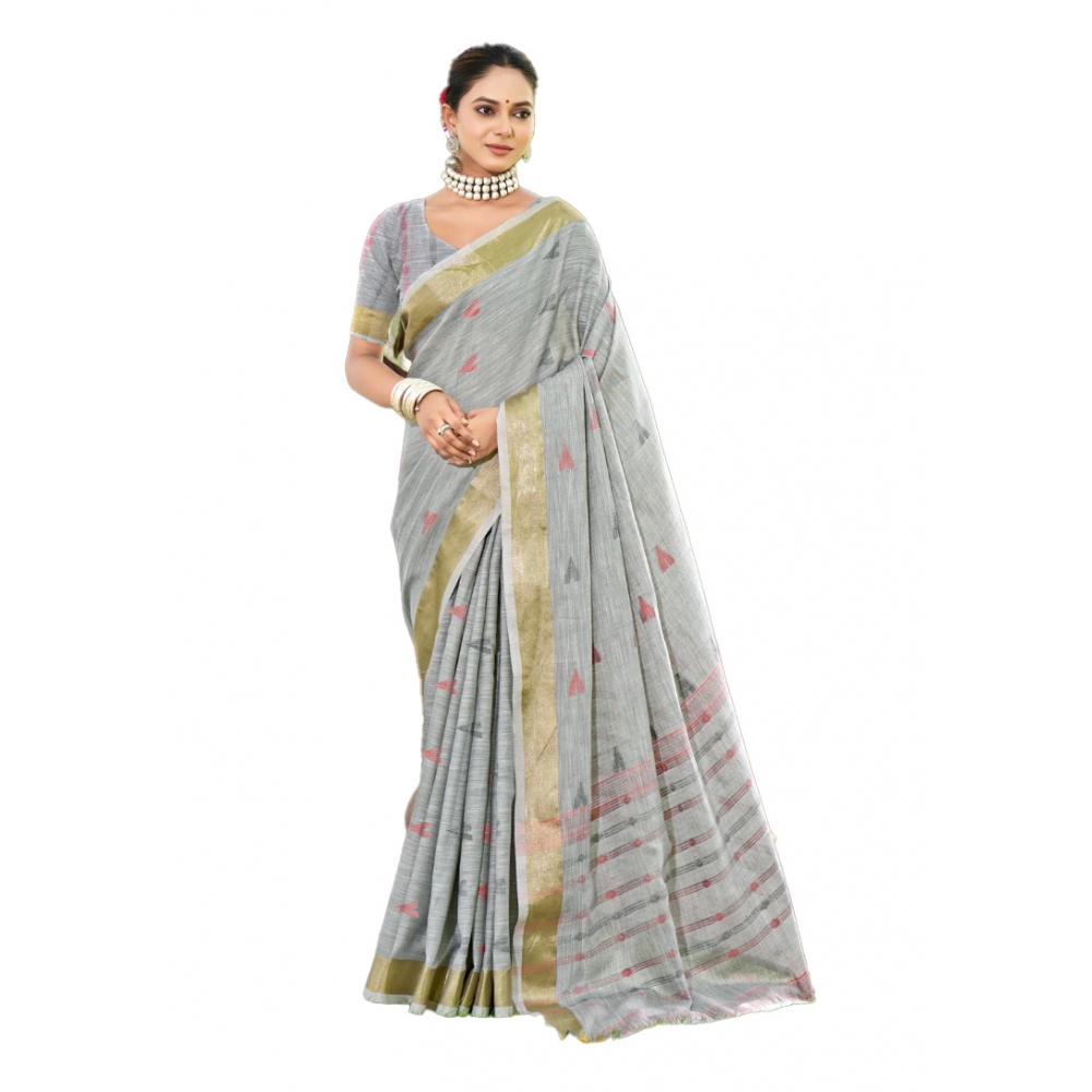 Generic Women's Cotton Printed Saree With Unstitched Blouse 5.5Mtr (Grey)
