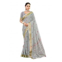 Generic Women's Cotton Printed Saree With Unstitched Blouse 5.5Mtr (Grey)