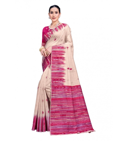 Generic Women's Cotton Printed Saree With Unstitched Blouse 5.5Mtr (Cream-Darkpink)