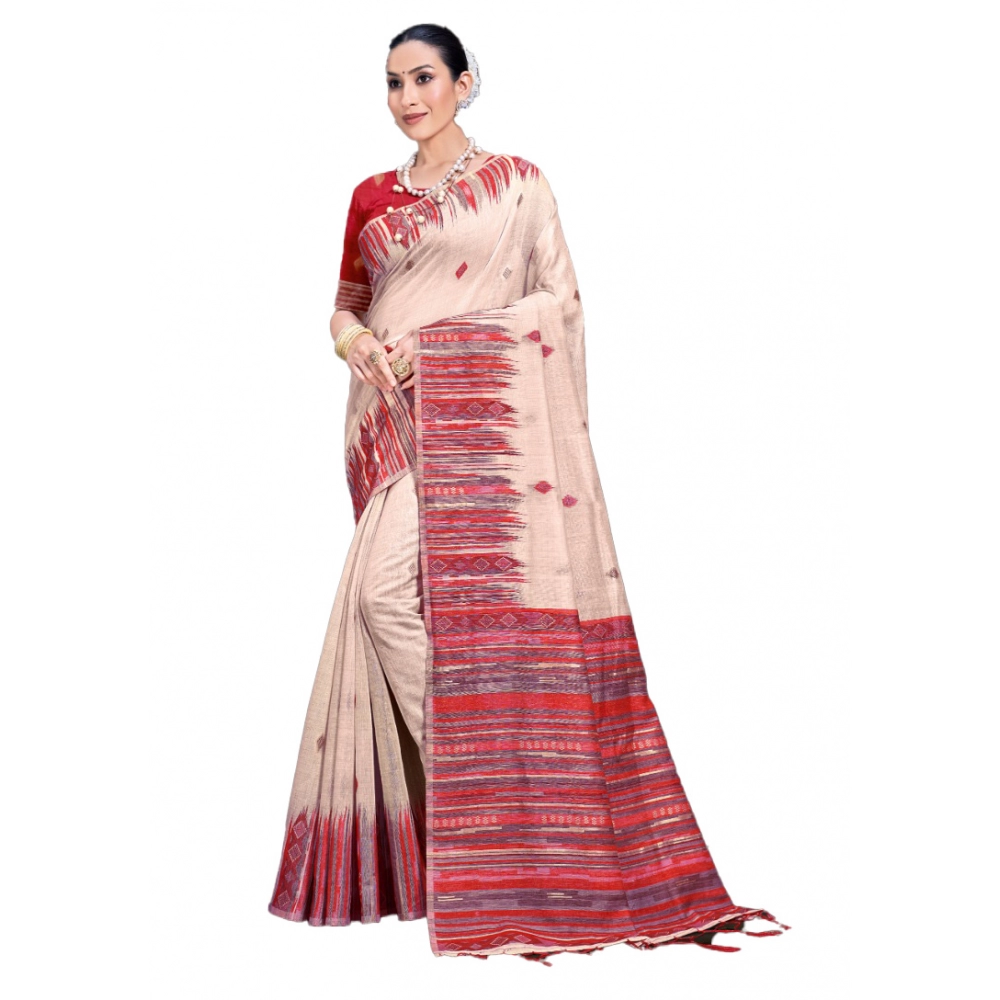 Generic Women's Cotton Printed Saree With Unstitched Blouse 5.5Mtr (Cream-Red)