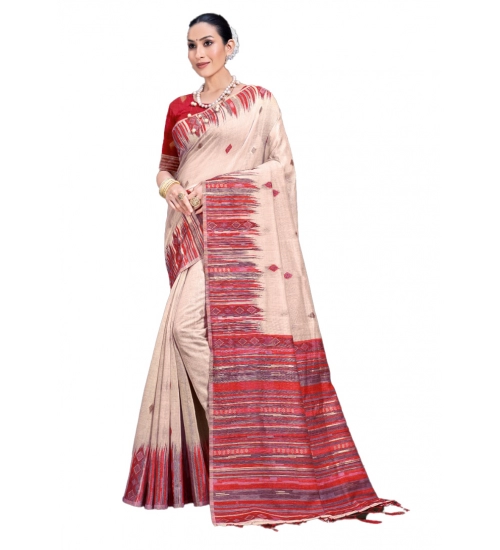Generic Women's Cotton Printed Saree With Unstitched Blouse 5.5Mtr (Cream-Red)