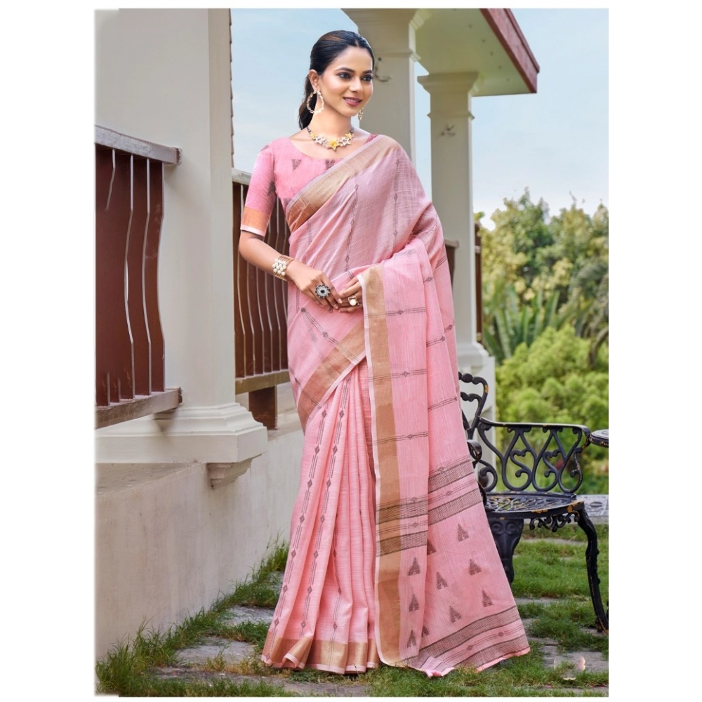 Generic Women's Cotton Printed Saree With Unstitched Blouse 5.5Mtr (Pink)