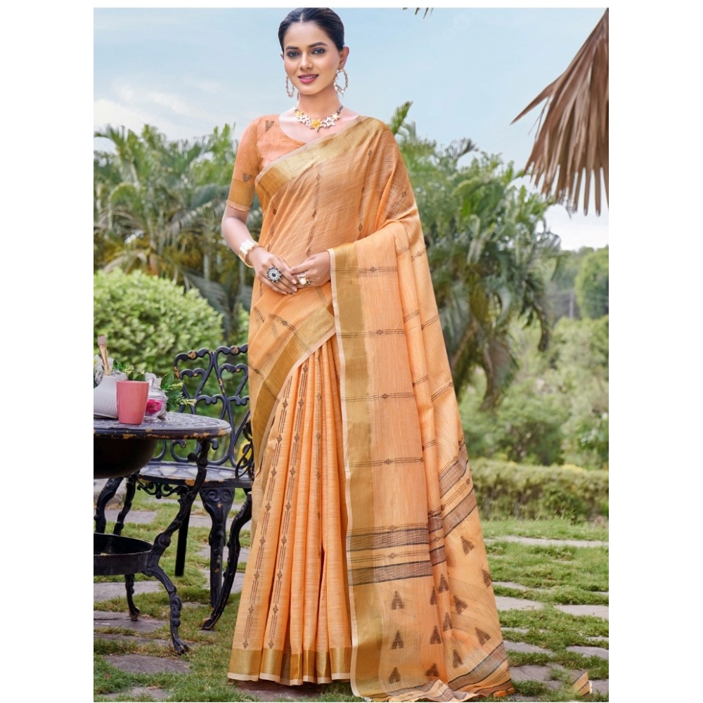 Generic Women's Cotton Printed Saree With Unstitched Blouse 5.5Mtr (Orange)