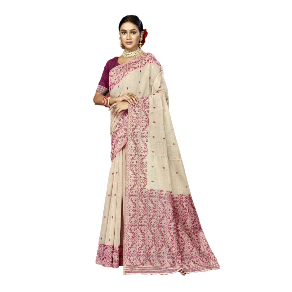 Generic Women's Cotton Printed Saree With Unstitched Blouse 5.5Mtr (Purple)
