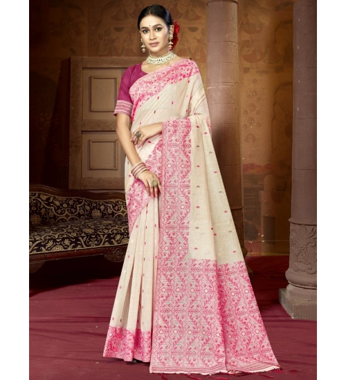 Generic Women's Cotton Woven Design Saree With Unstitched Blouse 5.5Mtr (Pink)
