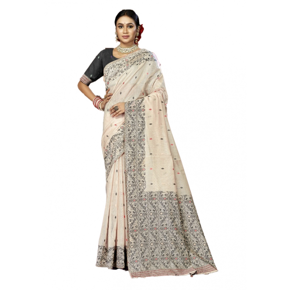 Generic Women's Cotton Woven Design Saree With Unstitched Blouse 5.5Mtr (Cream)