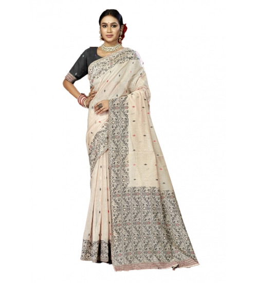 Generic Women's Cotton Woven Design Saree With Unstitched Blouse 5.5Mtr (Cream)