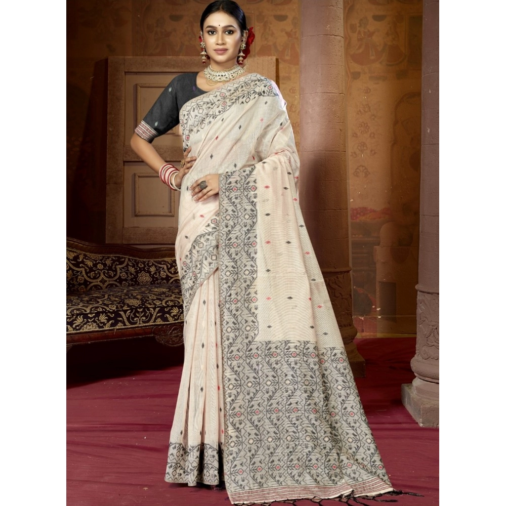 Generic Women's Cotton Woven Design Saree With Unstitched Blouse 5.5Mtr (Cream)