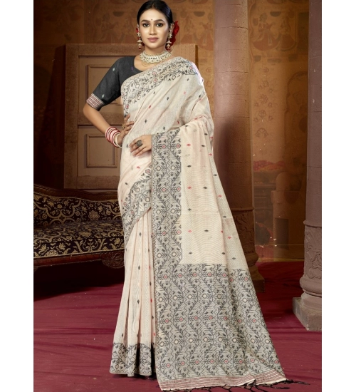 Generic Women's Cotton Woven Design Saree With Unstitched Blouse 5.5Mtr (Cream)