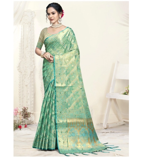 Generic Women's Organza Woven Design Saree With Unstitched Blouse 5.5Mtr (Green)